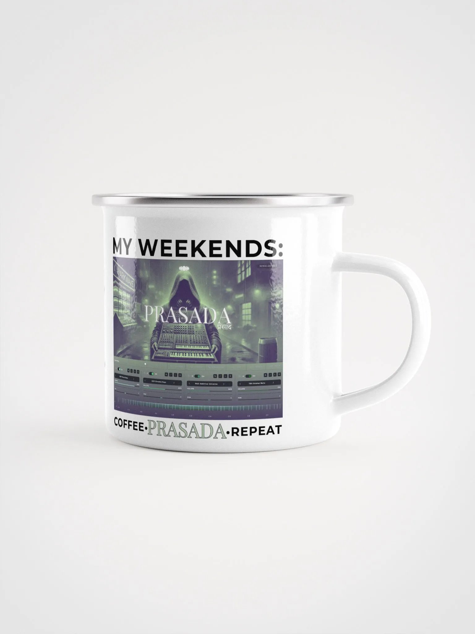 "My Weekends: Coffee, Prasada, Repeat" Enamel Coffee Mug product image (1)