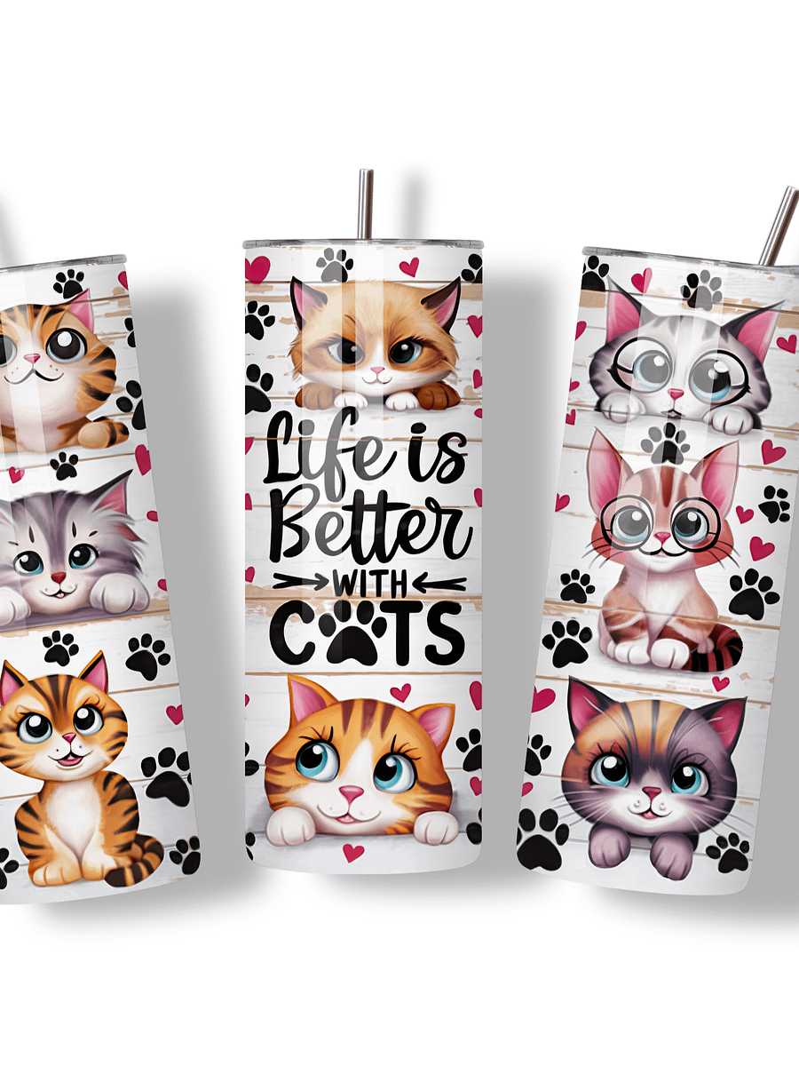 Life is Better with Cats 20oz Skinny Tumbler with Metal Straw – Cute Cat Design – Double-Walled Insulated Stainless Steel Tumbler for Hot & Cold Drinks, Gift for Cat Lovers product image (3)