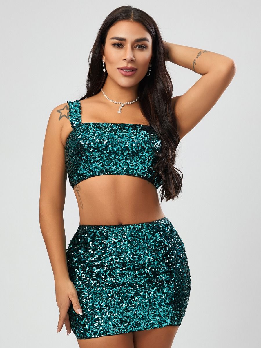 Wholesale sexy high quality slight stretch square neck sequin decor mini skirt sets product image (3)