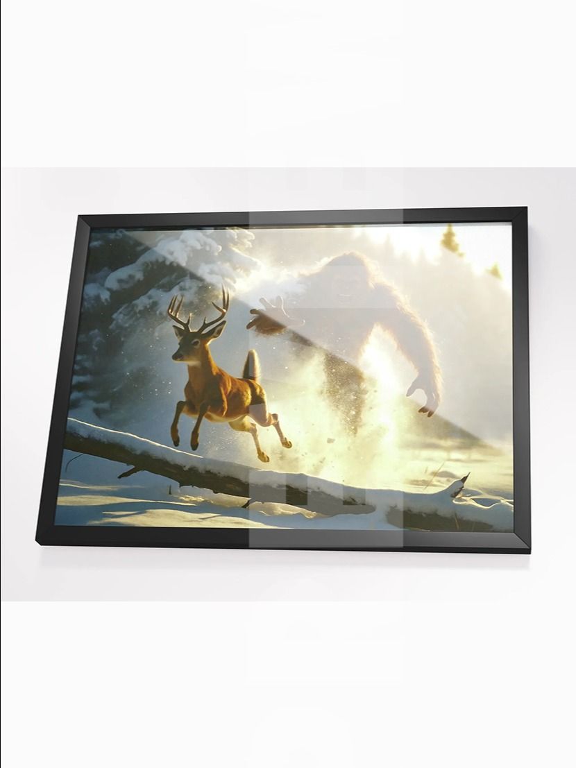 Red Devil Ambush – Bigfoot vs. Whitetail | 24x18 Framed Cryptid Art Print product image (3)