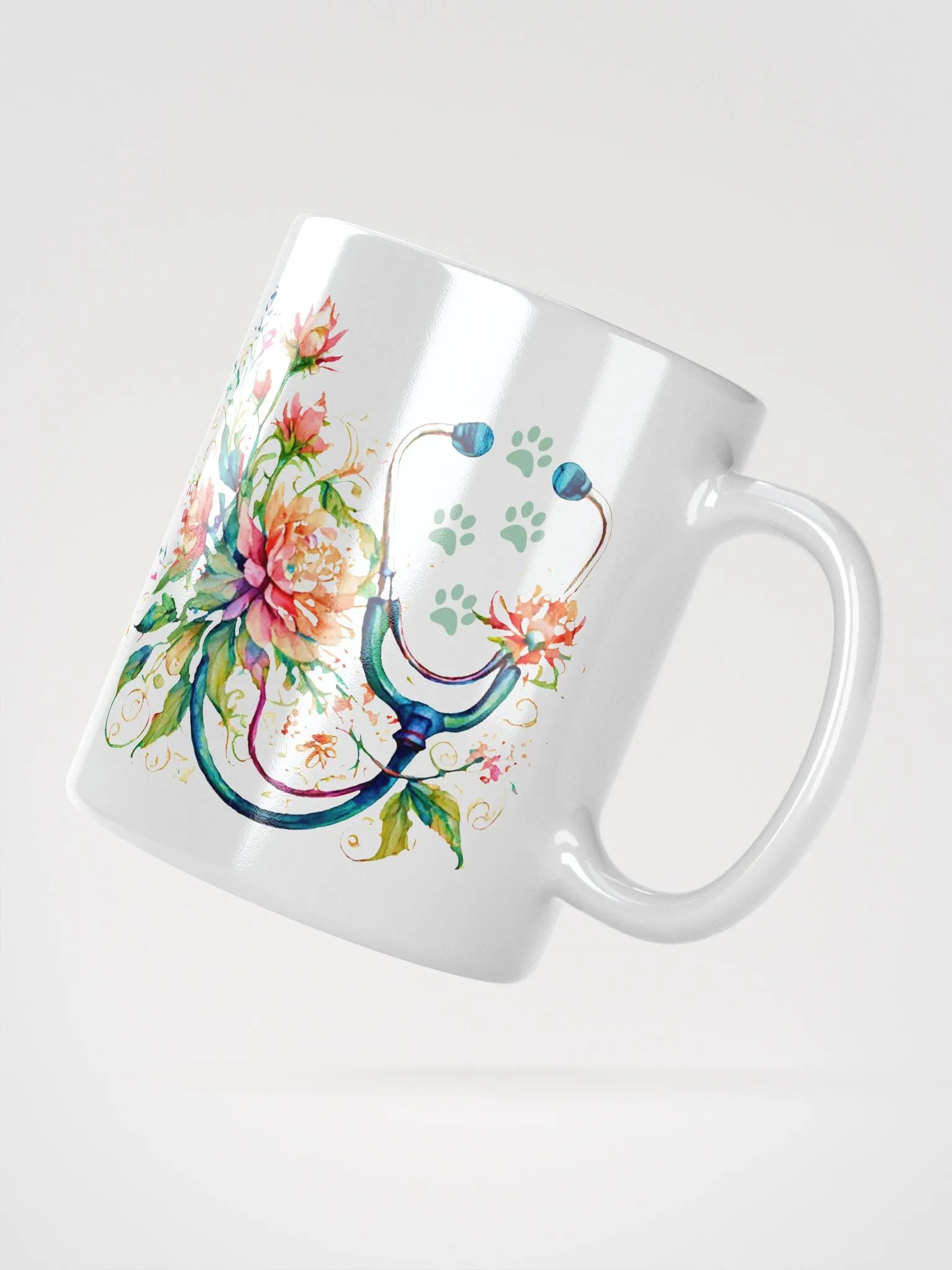 "Stethoscope with flowers and animal paw prints" ceramic mug product image (3)