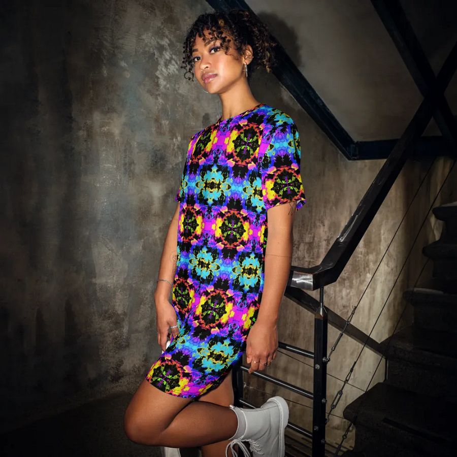 Abstract Neon Melting Daises Ladies T Shirt Dress product image (12)
