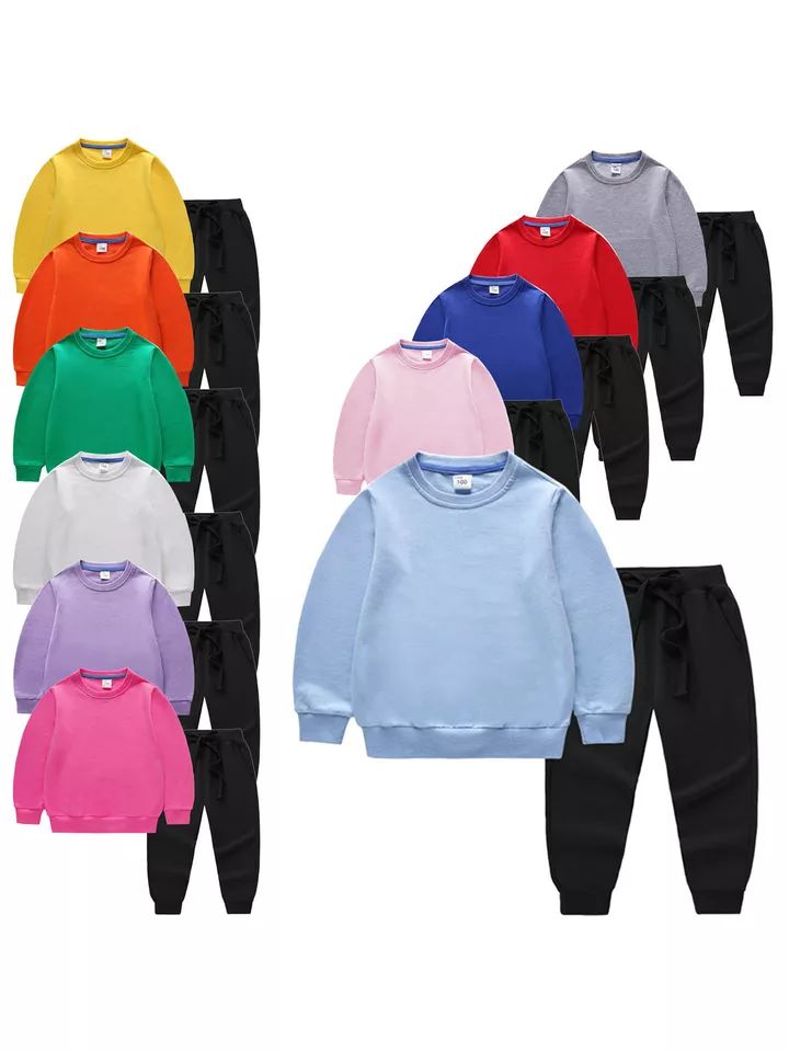 Kids Boys Girls Sweatsuit Solid Color Outfits Thermal Tracksuit Jogger Shirt product image (2)