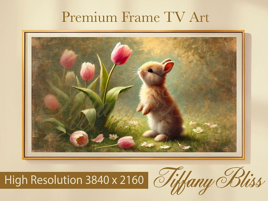 Spring Samsung Frame TV Art, Easter Bunny Tulips Painting, Art for TV, Digital Download product image (1)