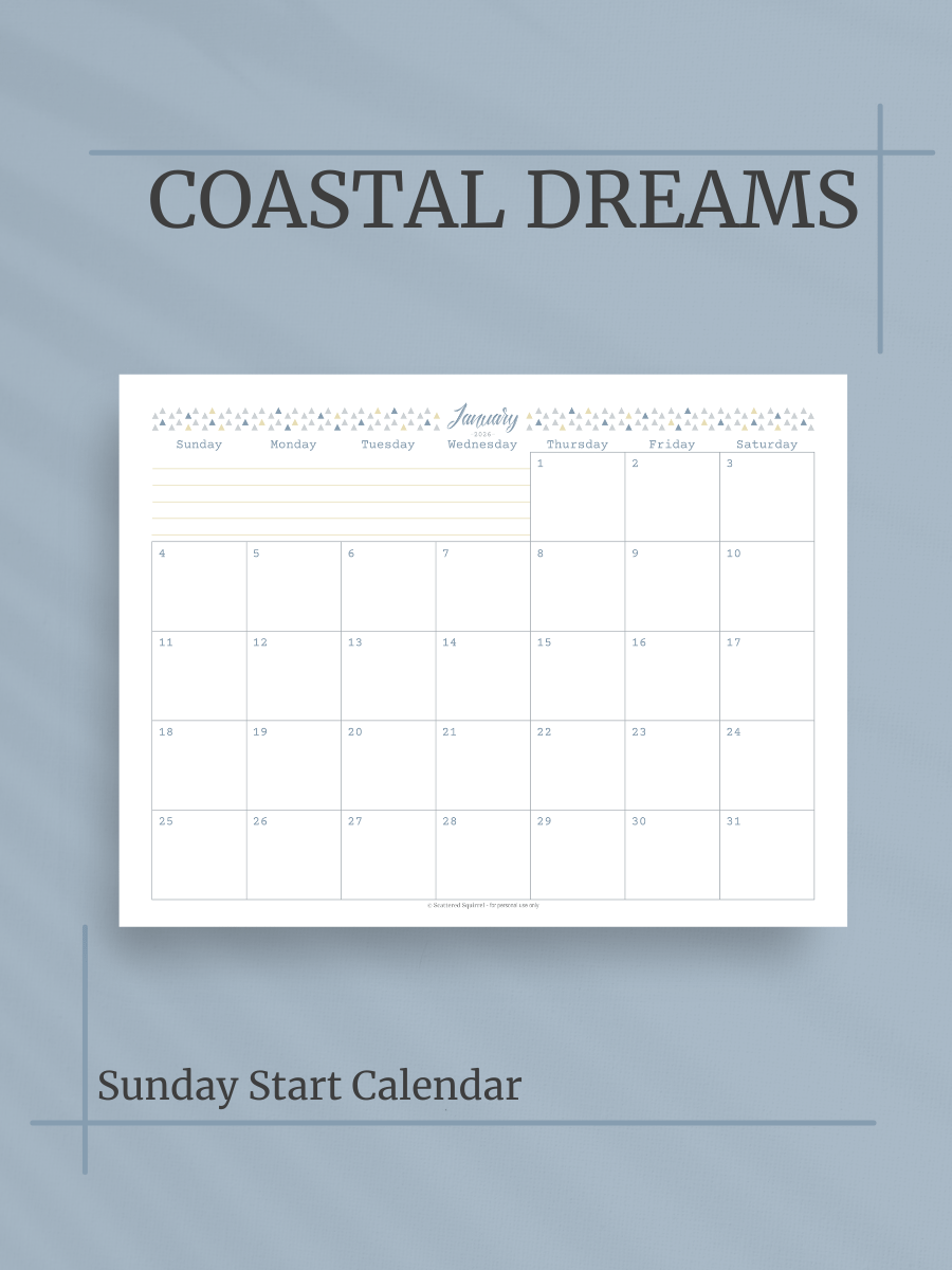 Coastal Dreams 2026 Calendar - Single Page per Month, Sunday Start, Letter Size product image (1)