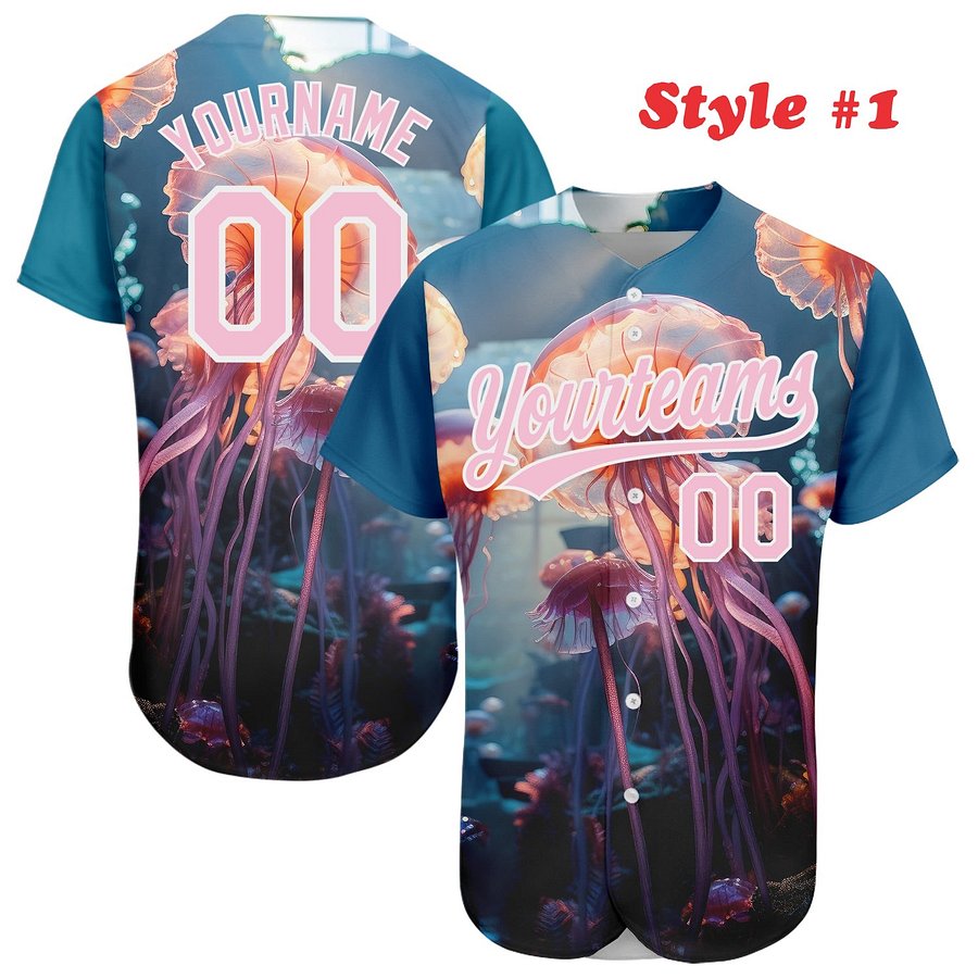 Authentic Baseball Jersey, Custom Baseball Jersey, Personalized Sport Jersey, Colorful, Number, 3D Jellyfish, Ocean product image (183)