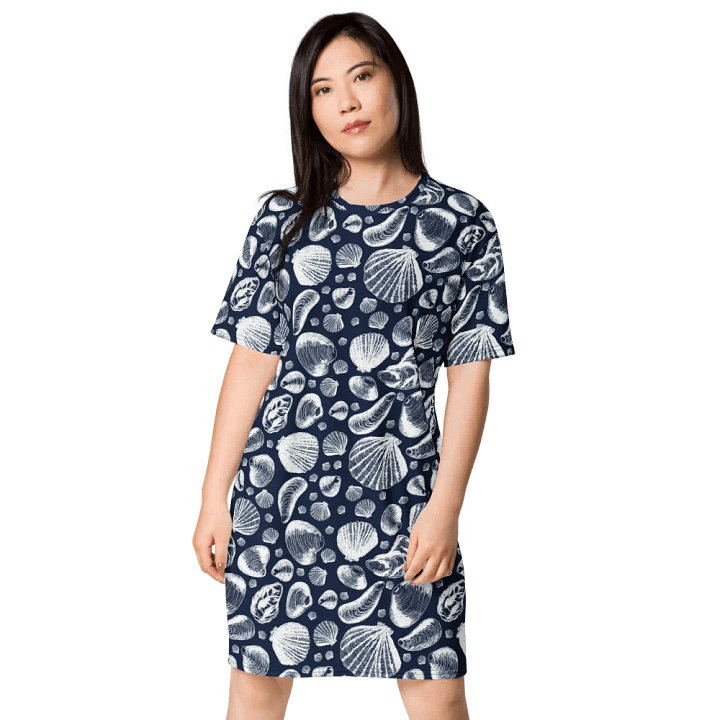 Women's | New England Tidal Treasures | T-Shirt Dress | Seashell Print, Oversized & Comfy | White on Dark Blue product image (1)