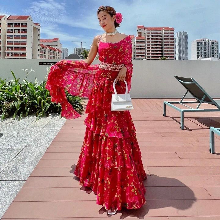 Pink Lehenga Saree Frill Ruffle Indian Sari Lehenga Lengha Choli Pakistani Skirt product image (1)