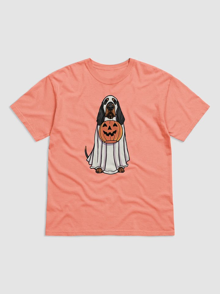 Funny Halloween Bloodhound(Black & Tan) T-Shirt | Funny Bloodhound Wearing a Ghost Costume and Holding a Pumpkin Basket product image (1)