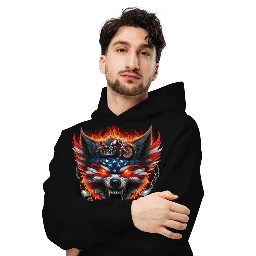 Fiery Wolf American Flag Oversized Hoodie #35 product image (6)