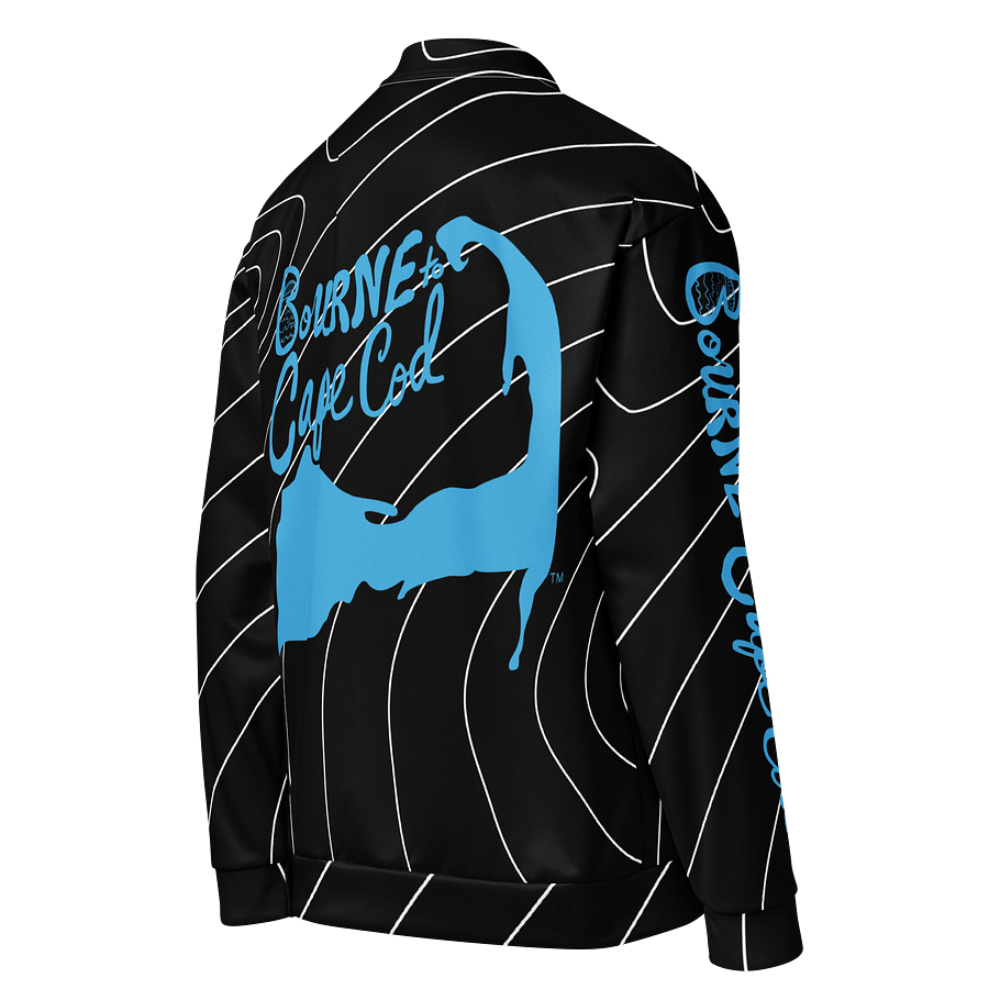 All-Over Print Bomber Jacket | Coastal Cool, City Bold | BOURNE to Cape Cod™ + BRN.2C.C.™ Style | Deep Sky Blue Logos on Dark Currents product image (4)
