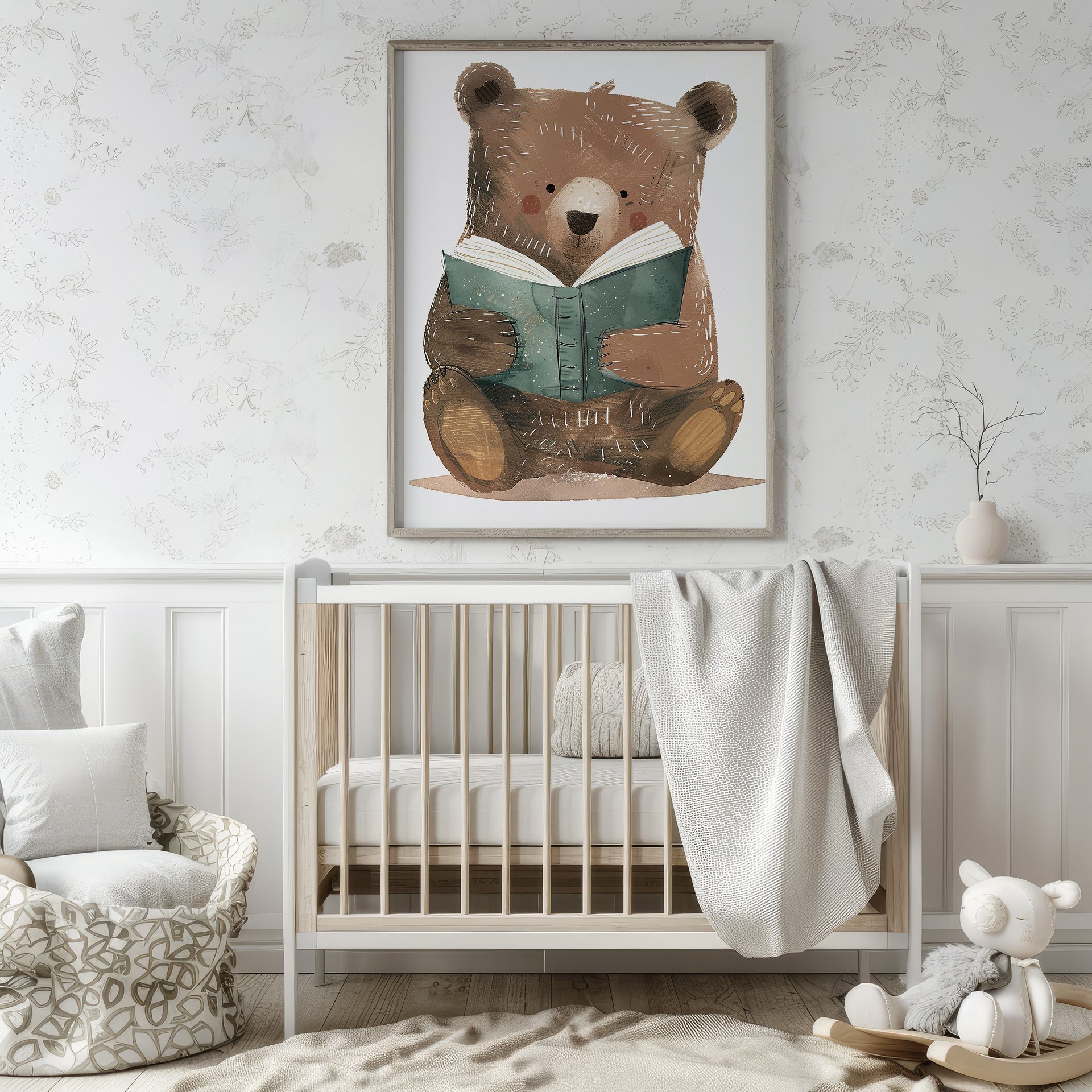 Cute Bear Reading a Book Watercolor Nursery Art Print product image (4)