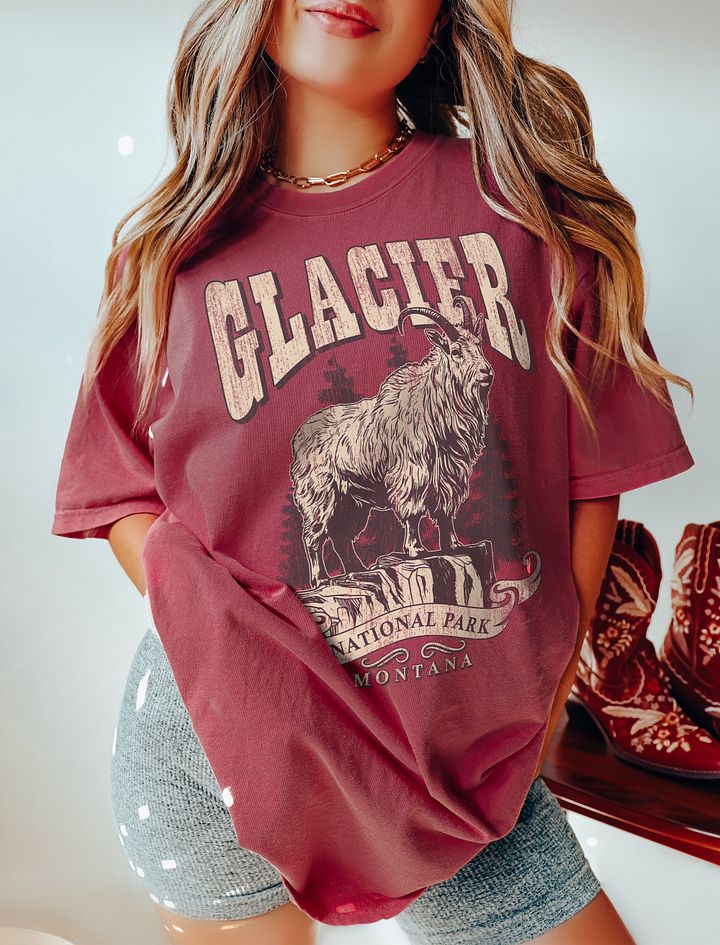 Glacier National Park, Montana Tee | Vintage-Style Grunge Western Shirt of a Mountain Goat product image (11)