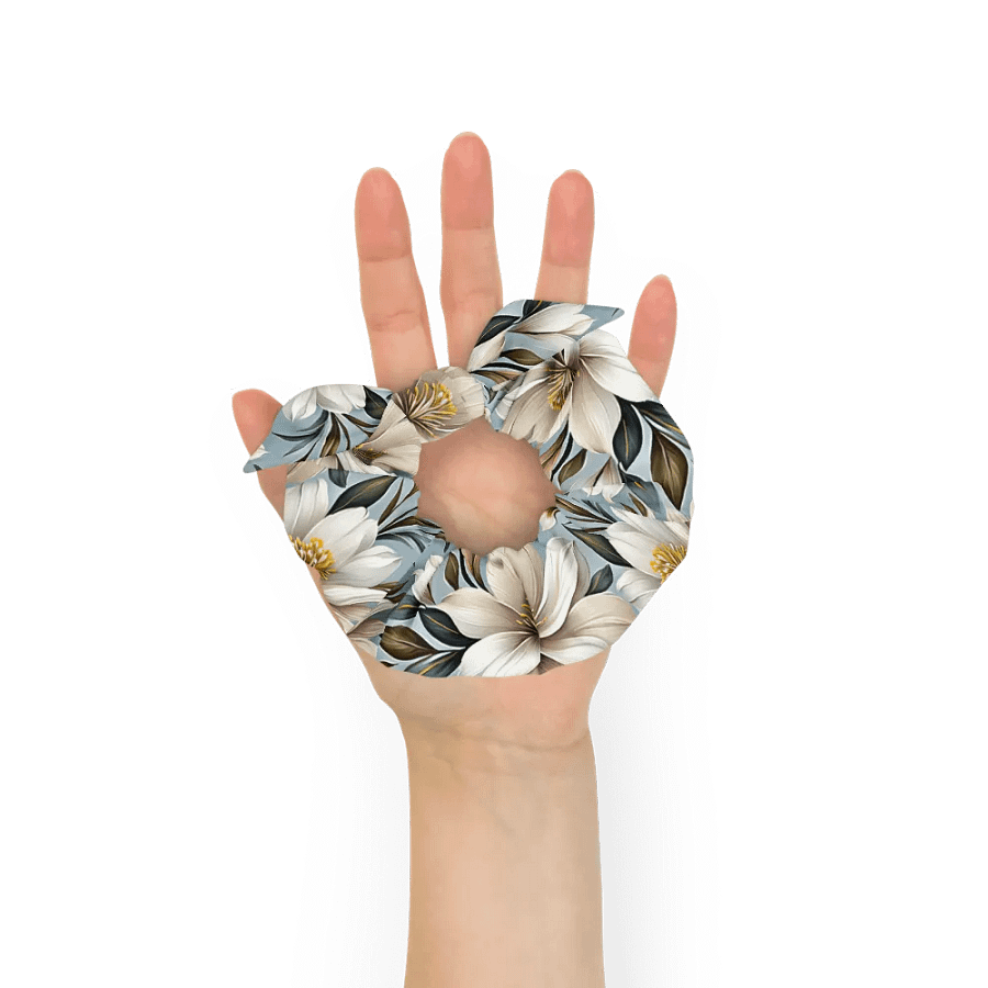 Hair Scrunchie - White and Beige Flowers on a Light Blue Background product image (6)
