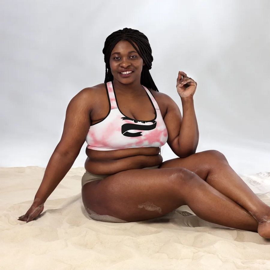 Pink tie dye background colour with Black ribbon design-All-Over Print Padded Sports Bra product image (5)
