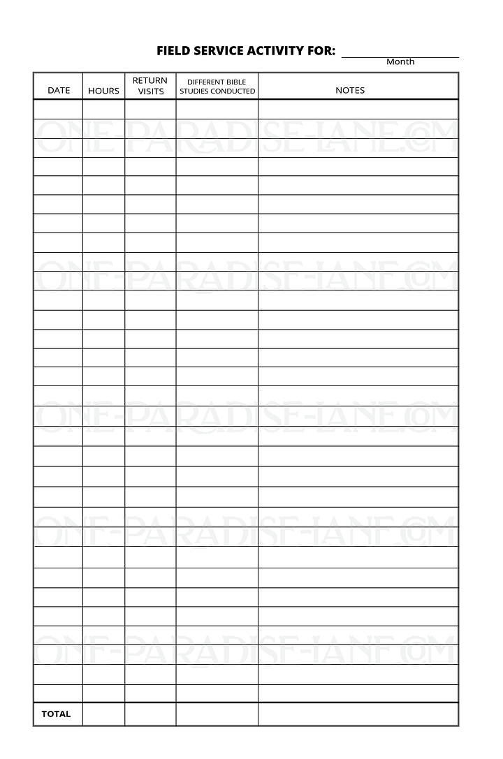 JW Field Service Activity Record Sheet (PDF) product image (1)