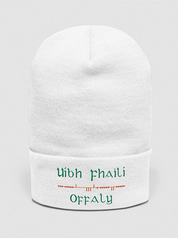 Offaly/Uíbh Fhailí Scholastic style Ogham, white with green and orange, embroidered Cuffed Beanie product image (1)