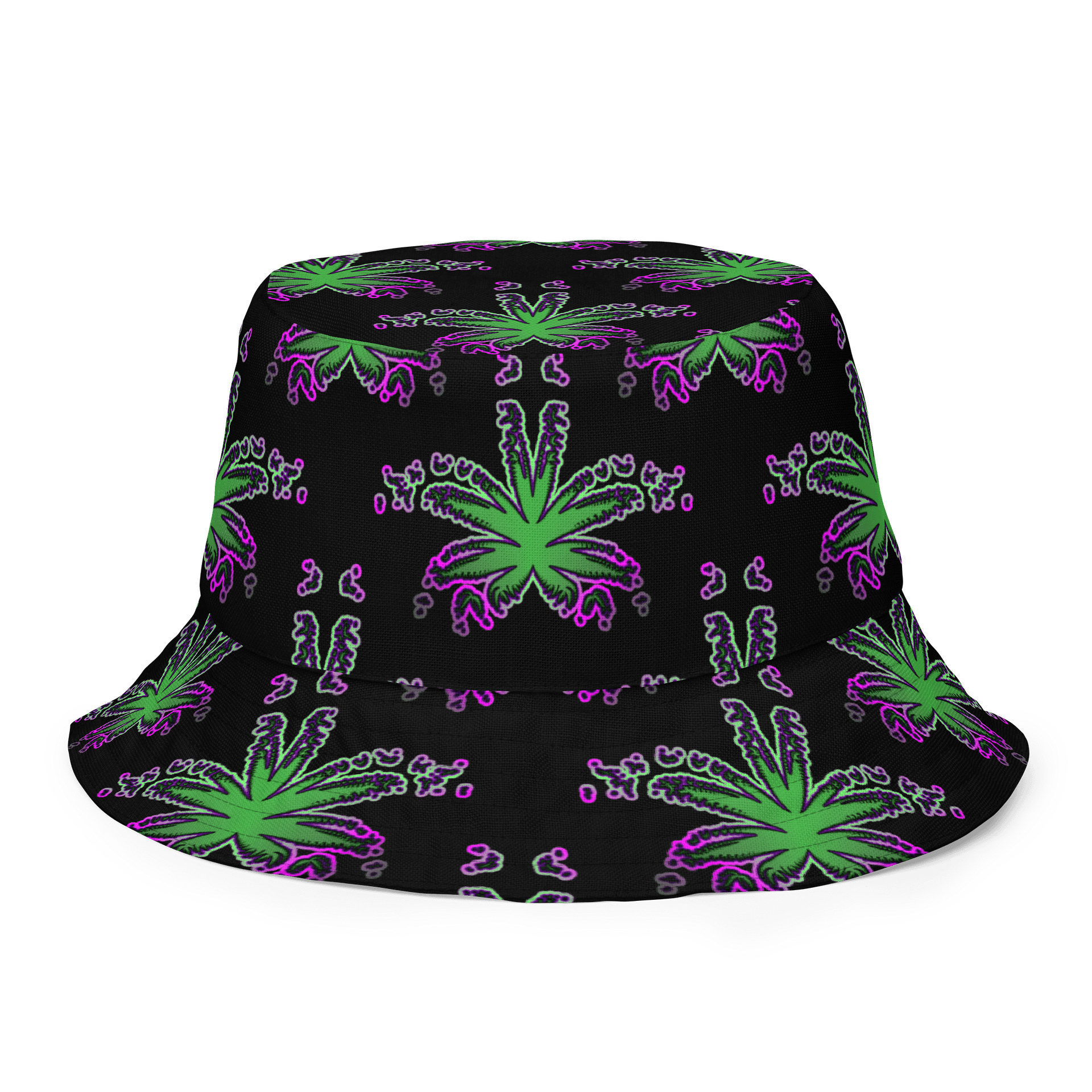 Twisted Weed Leaf Pattern Bucket Hat, Summer Stoner Style Accessory, Green Purple Black Cannabis Fashion product image (1)