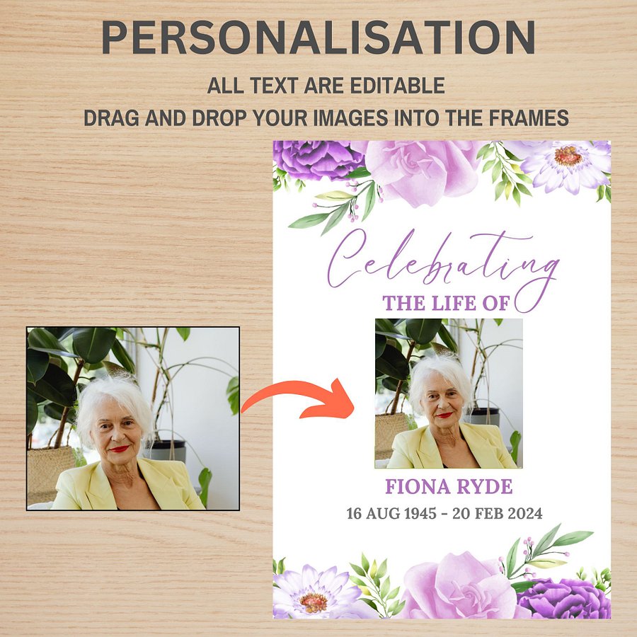 Purple Pink Flowers Funeral Photo Collage Sign Set Canva Template product image (6)