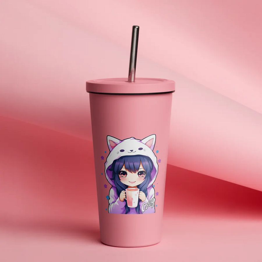 Cozy Kawaii Anime Girl 20 oz Tumbler Cup - Pink - Insulated Tumbler with a Straw product image (12)