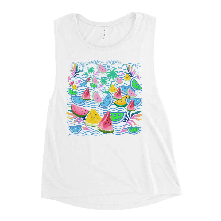 Ladies flowy muscle tank with fun tropical watermelon design for holiday vibe in summery colors product image (2)