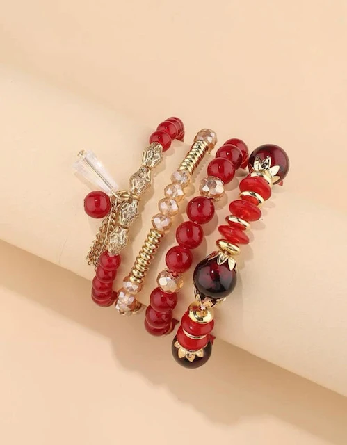 4 PC DECOR RED AND GOLD TASSEL CHARM BEADED BRACELET product image (1)