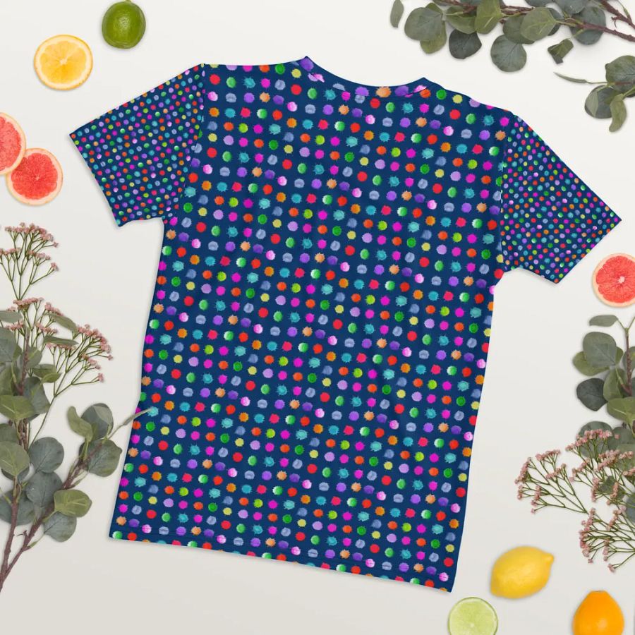 Ladies all over print t shirt navy with watercolor dots design. Ideal or casual as well as evening wear. product image (12)