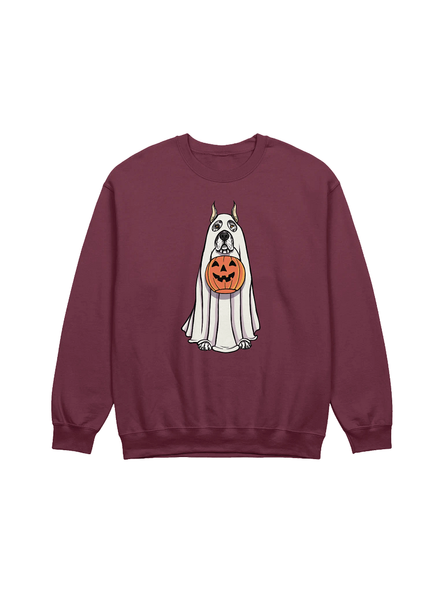 Funny Halloween Great Dane(Cropped Ears Harlequin) Sweatshirt | Funny Great Dane Wearing a Ghost Costume and Holding a Pumpkin Basket product image (12)