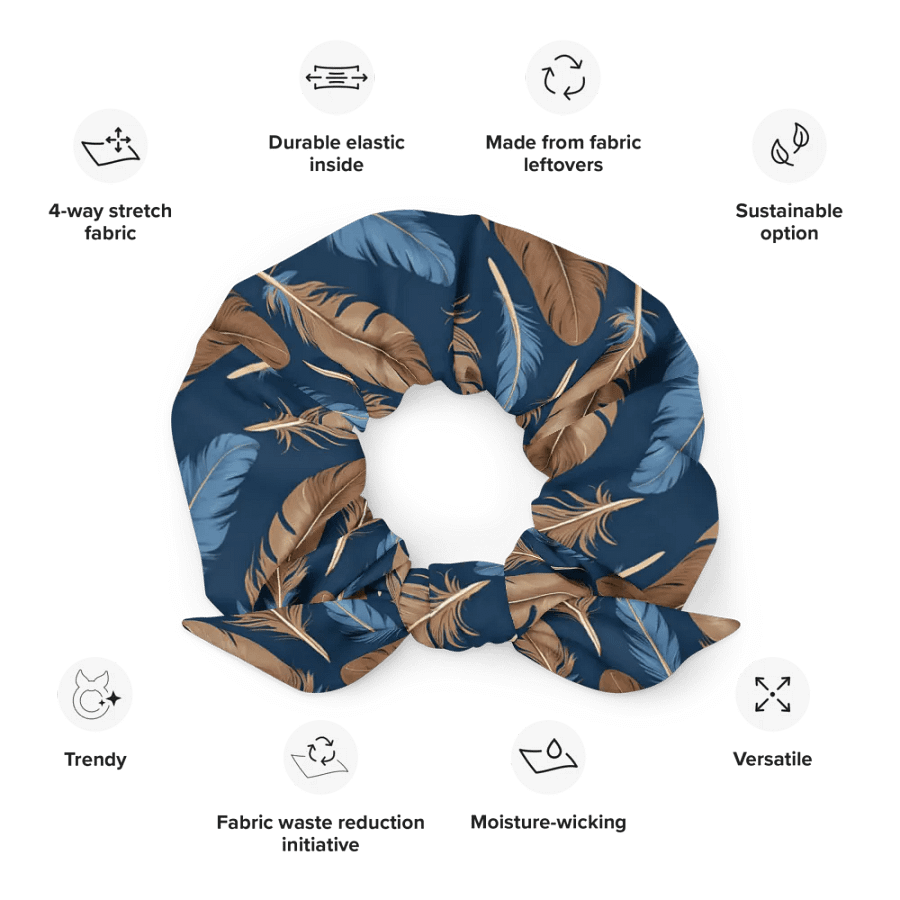 Hair Scrunchie - Blue and Brown Feathers on Blue Background product image (12)