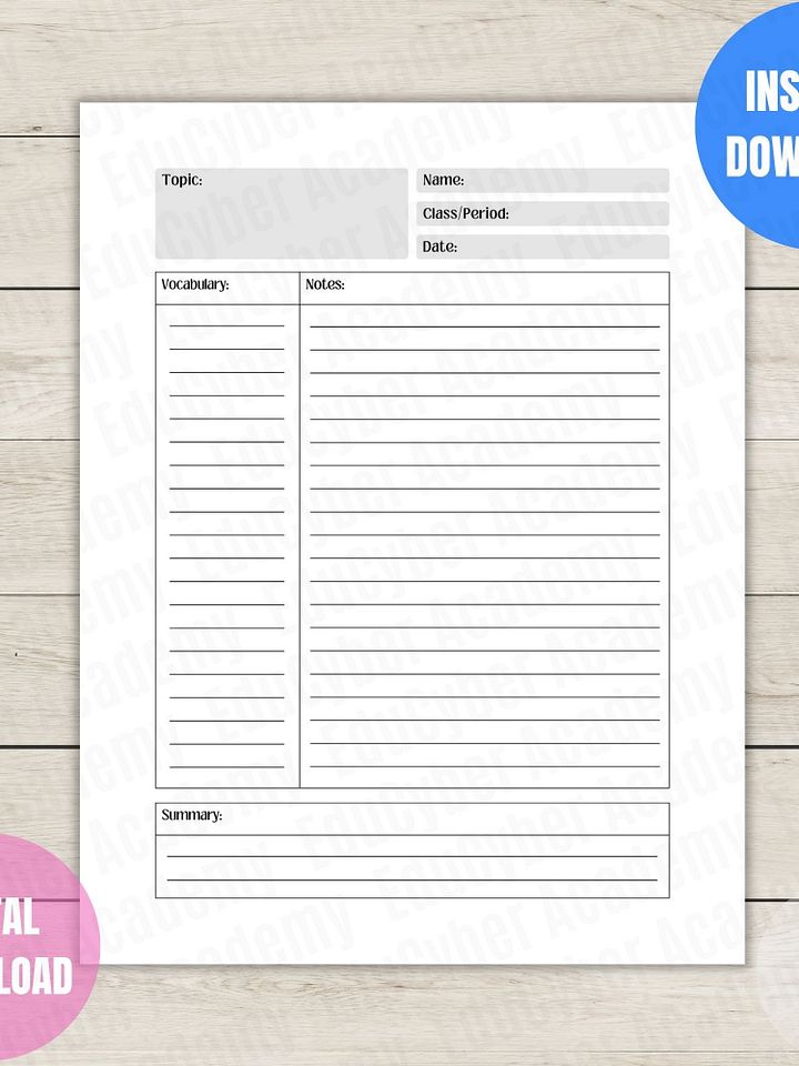 Cornell Notes Template Printable | 8.5x11 Study Guide PDF for Students & Teachers product image (1)