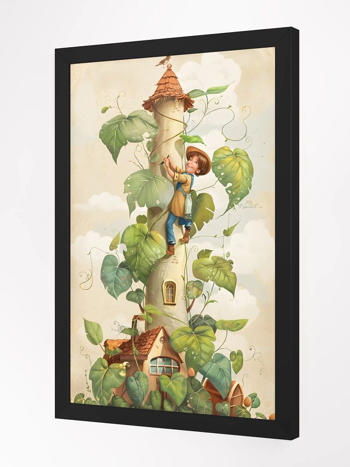 Boy climbing a tall beanstalk toward a cozy small house product image (2)