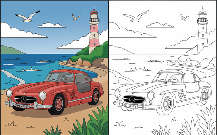 Vintage Car Coloring Pages | 20 Retro Car Designs | Black & White + Colored Reference Pack product image (2)