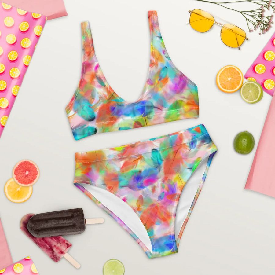 Colorful Feather Pattern Design High Waisted Bikini - v4 product image (9)