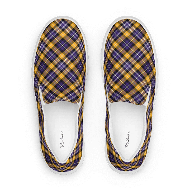 Purple and Yellow Gold Sporty Plaid Men's Slip On Shoes product image (1)