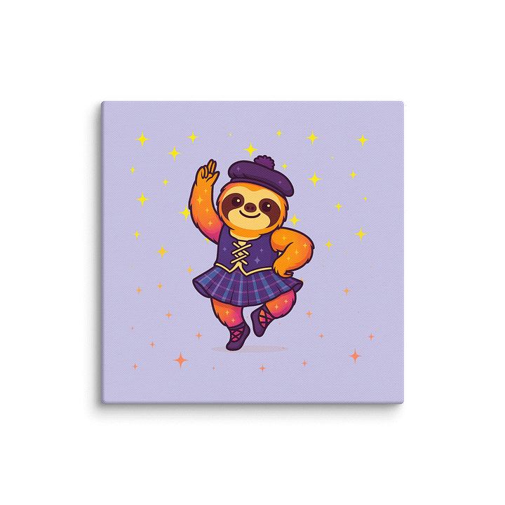 Highland Dance Sloth Mini Canvas – Cute Purple Tartan Scottish Sloth Wall Art for Dancers, Teachers, and Sparkly Decor Fans (6x6") product image (1)