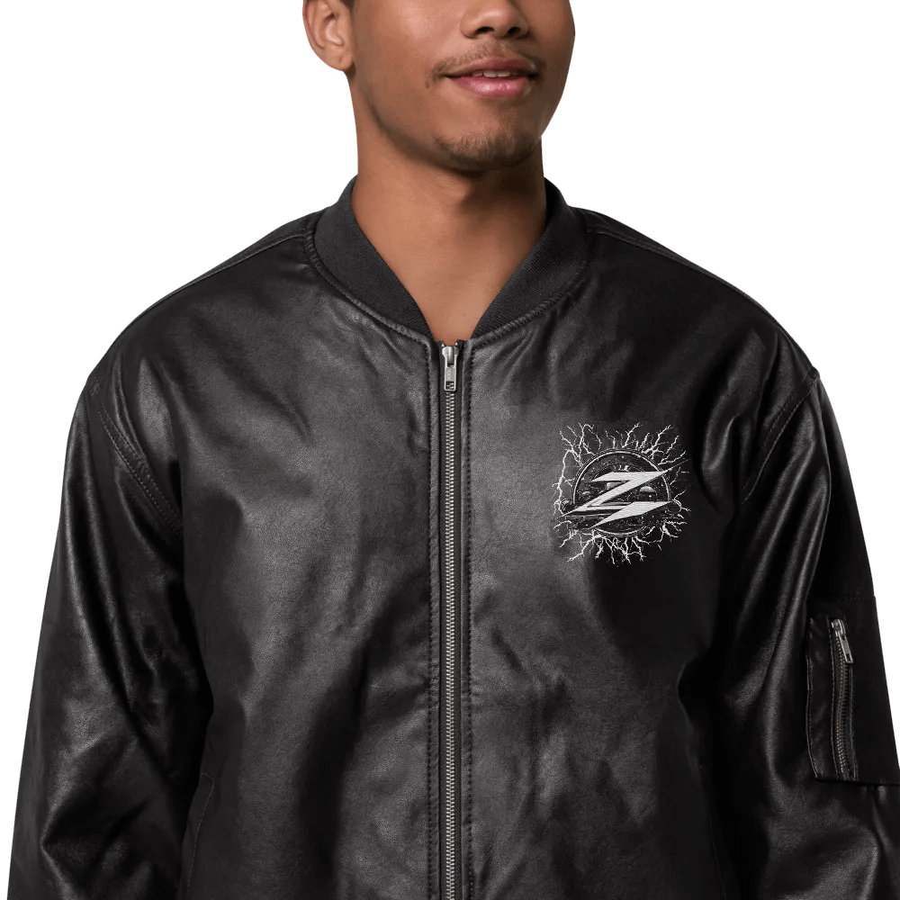 Z Weather Lightning Embroidery Logo Faux Leather Bomber Jacket product image (1)