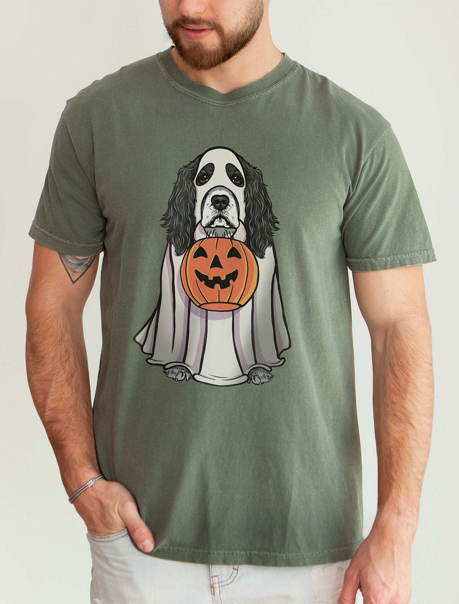 Funny Halloween Cocker Spaniel(Black & White) T-Shirt | Funny Cocker Spaniel Wearing a Ghost Costume and Holding a Pumpkin Basket product image (1)