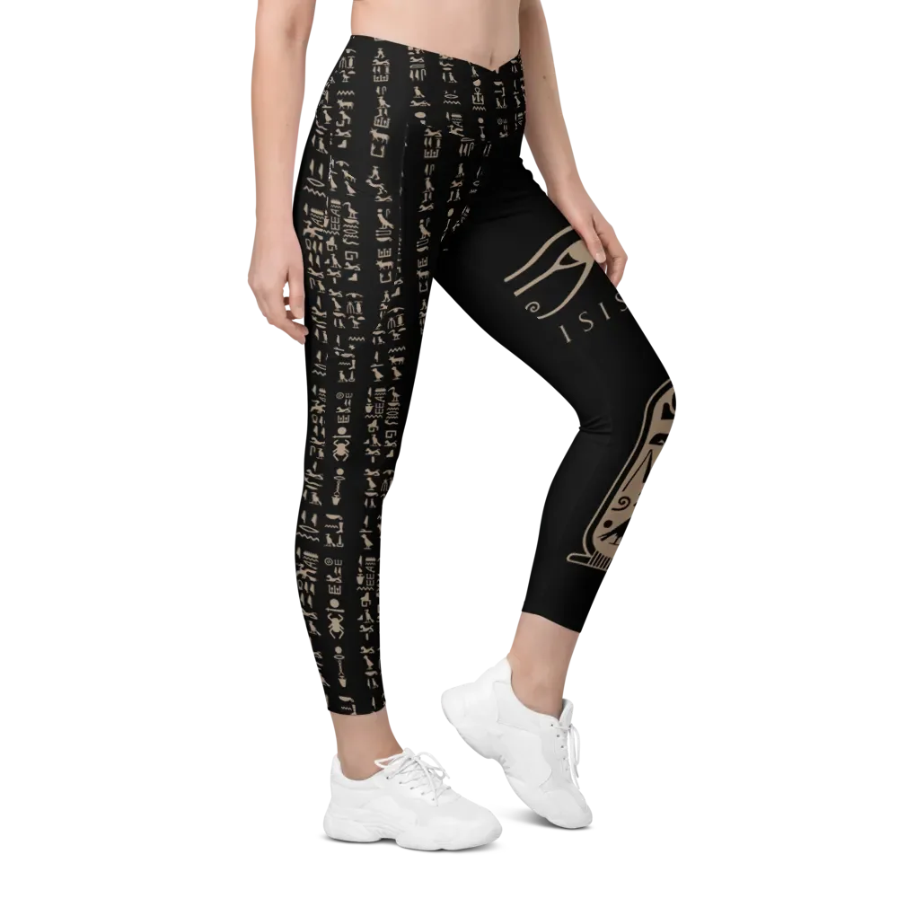 Nefertiti Black Hieroglyphs All-Over Print Crossover Leggings with Pockets product image (4)