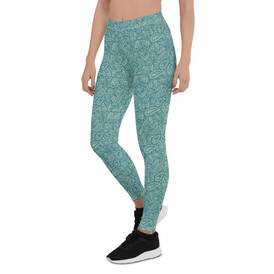 comfortable leggings in soft light teal   with white paisley  design for those that  like paisley pattern elements. product image (6)