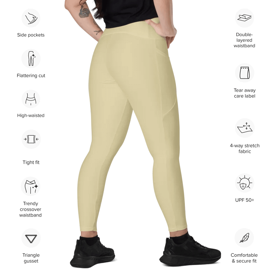 Plain Light Yellow Soft Summer Women's High Waisted Premium Crossover Leggings with Pockets by Treasure Pie product image (11)