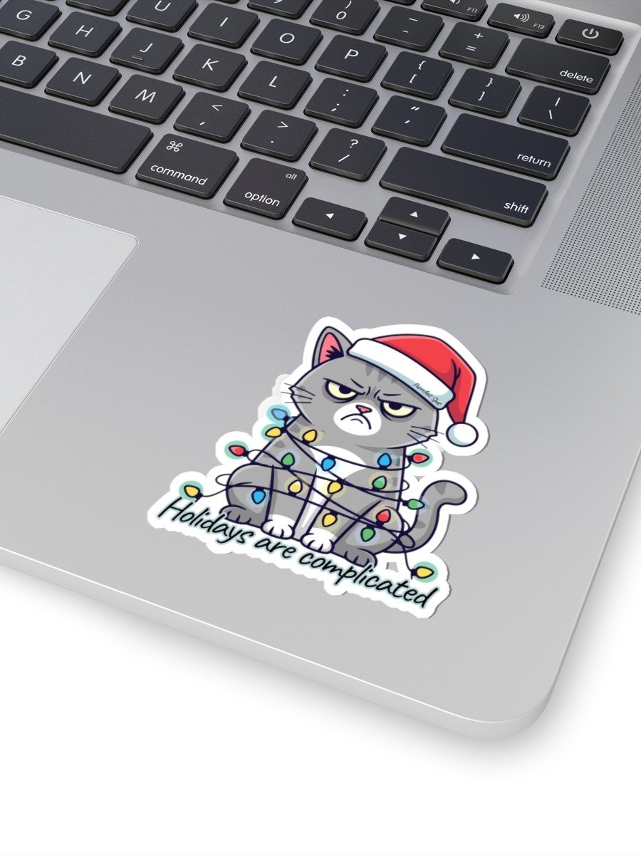 “Holidays Are Complicated” Funny Cat Sticker – Grumpy Cat Tangled in Lights – Die-Cut Matte Vinyl Holiday Sticker product image (1)