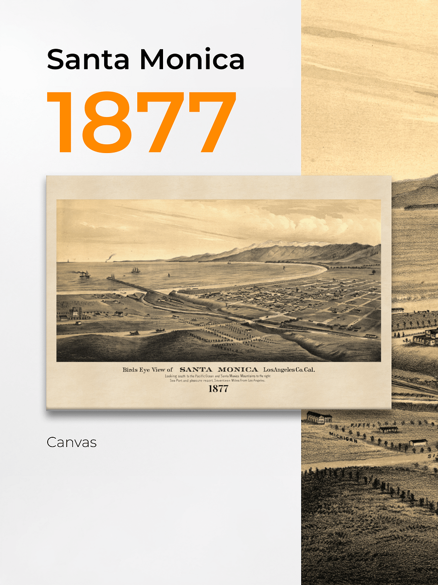Santa Monica Panoramic Canvas Print – 1877 Hand-Drawn Historic City View product image (1)