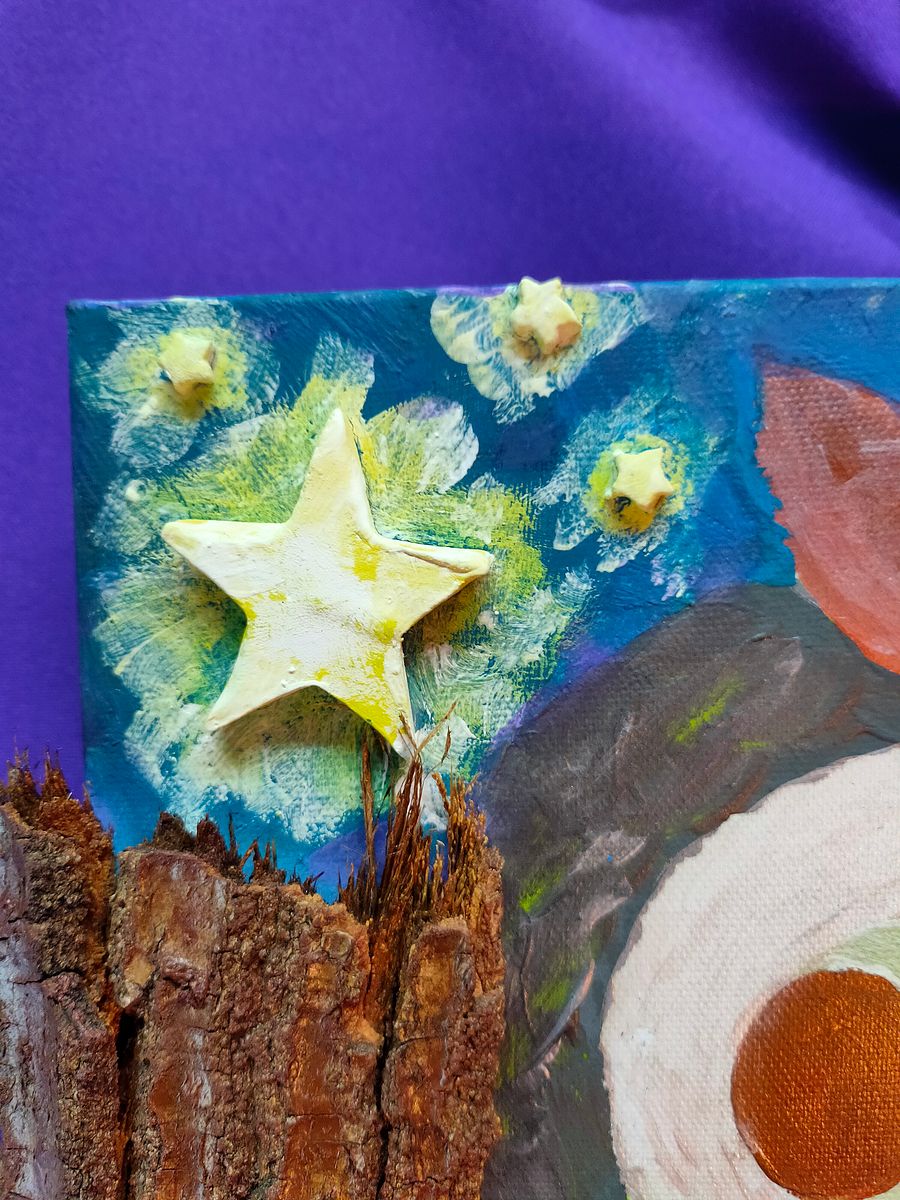 Instalação Mocho, Quadro mocho 3D, noite estrelada, tela pintada, estrelas cerâmica, Item feito à mão product image (3)