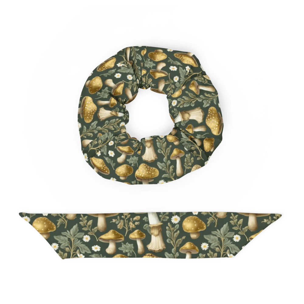 Hair Scrunchie - Golden Mushrooms on Dark Green product image (4)