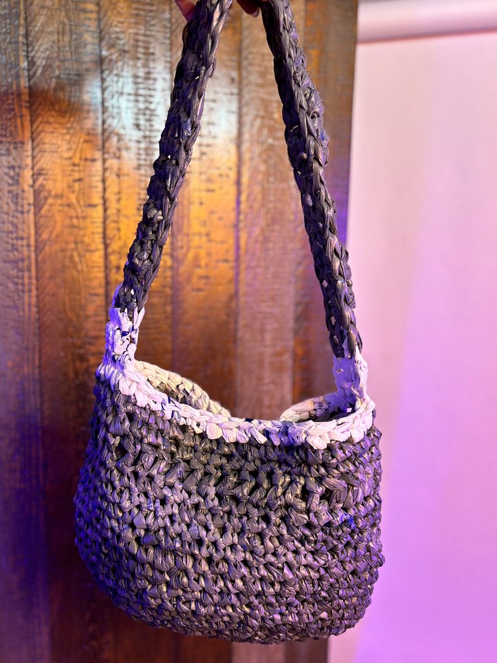 Medium Handcrafted Crochet Tote Bag (grey with white border) product image (1)