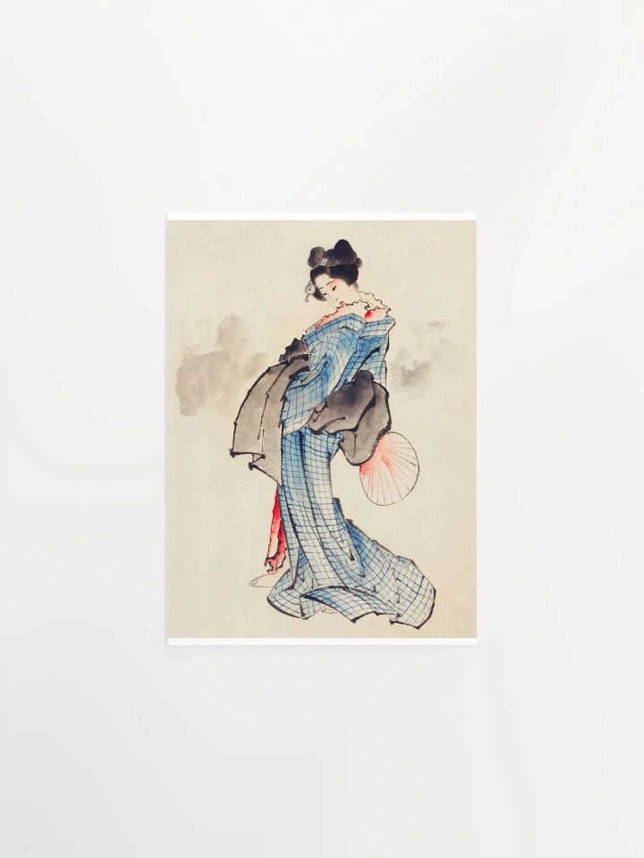 Woman, Full-Length Portrait, Standing, Facing Left, Holding Fan in Right Hand, Wearing Kimono with Check Design by Katsushika Hokusai product image (1)