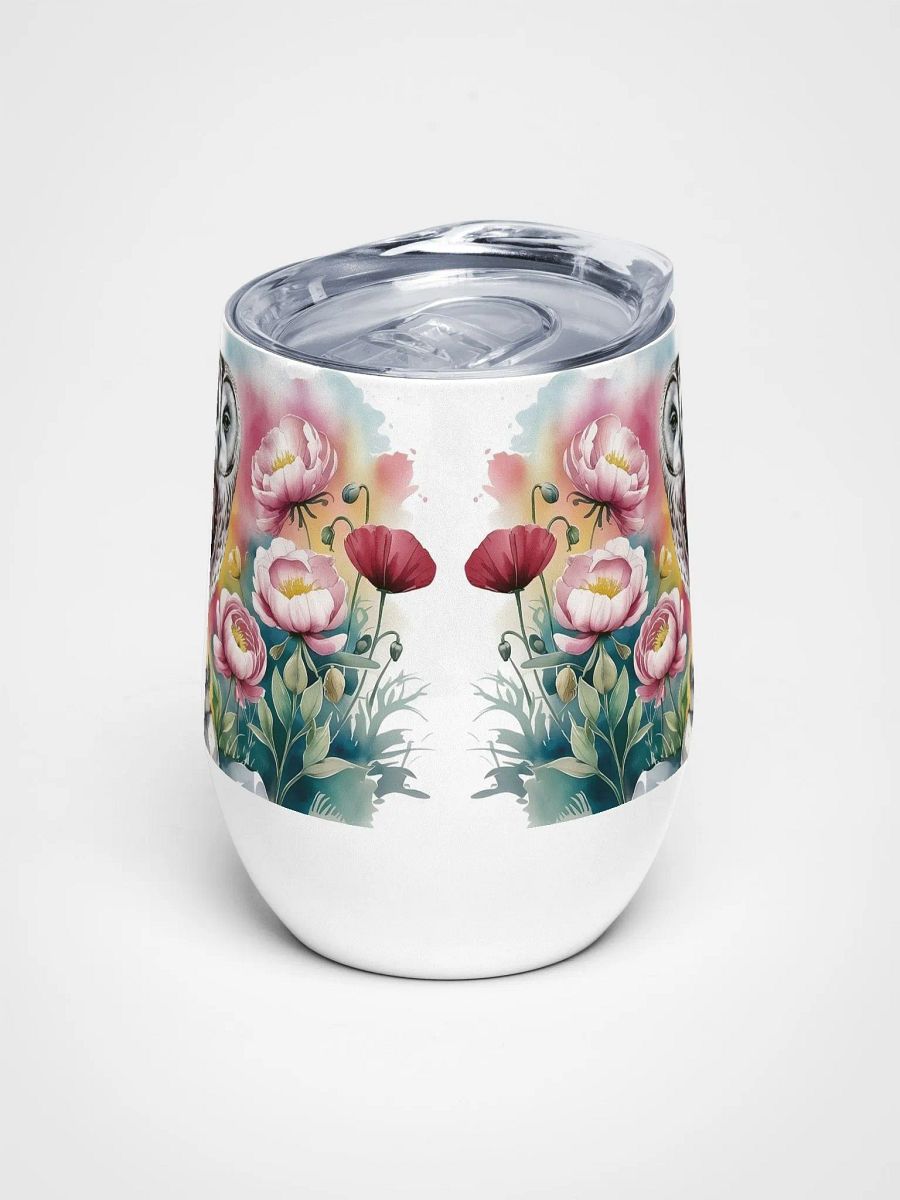 Curious Owl in Poppy Field 12 Oz Wine Tumbler – Whimsical Owl & Floral Watercolor Design product image (3)