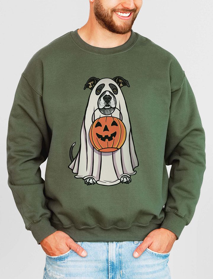 Funny Halloween Pitbull Terrier(Black) Sweatshirt | Funny Pittie Wearing a Ghost Costume and Holding a Pumpkin Basket product image (11)