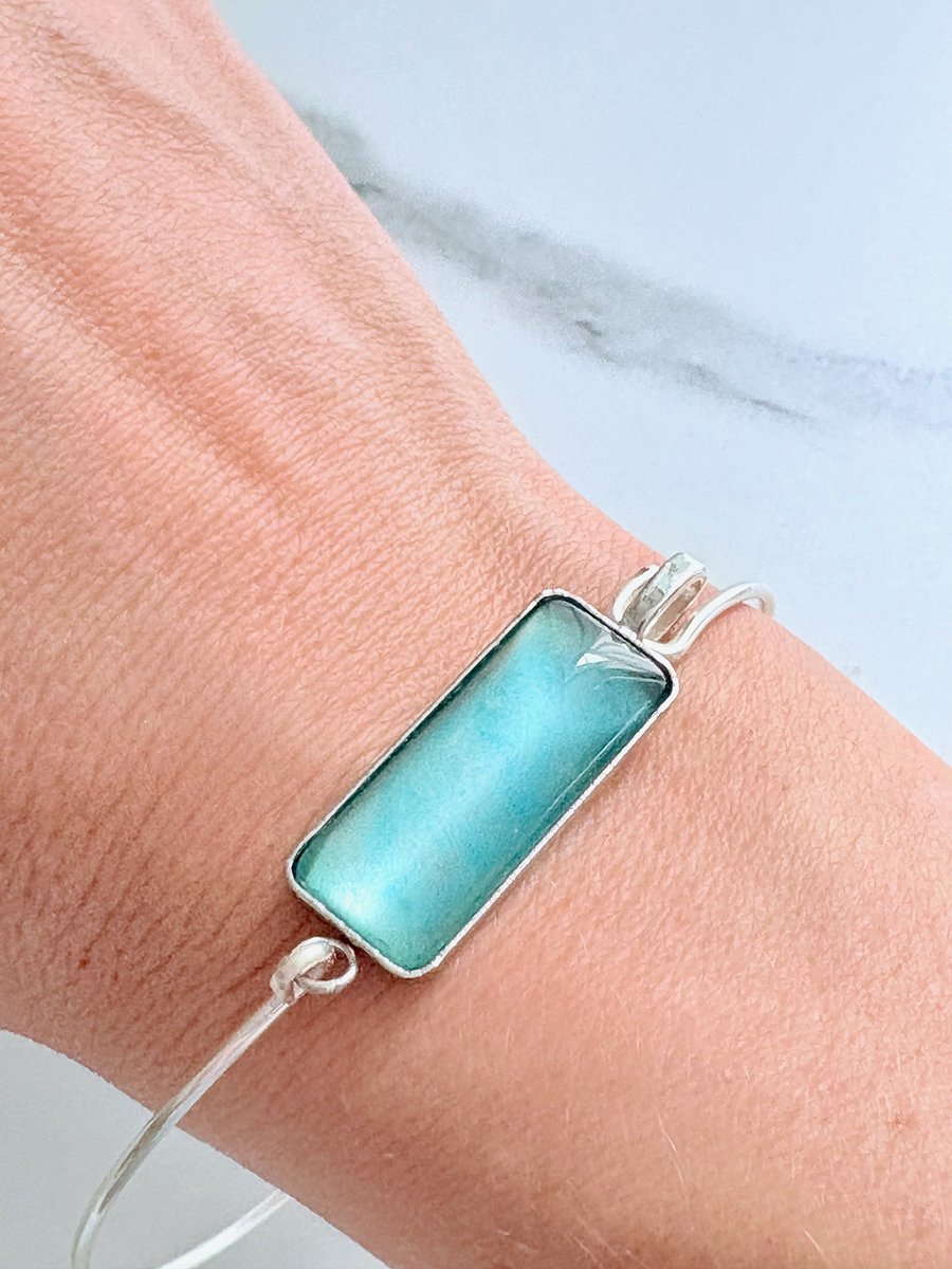 ⚡ Electric Tide Bangle | 7" Silver-Plated Wire Bracelet with Blue Green Rectangle Charm | Handmade Coastal Charm Jewelry by Monique Faella Designs™ | MFD-00172 product image (7)