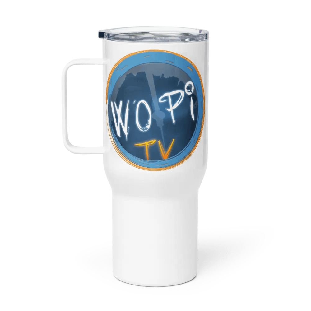 White Travel Mug w/ 2x wopiTV Logo product image (1)